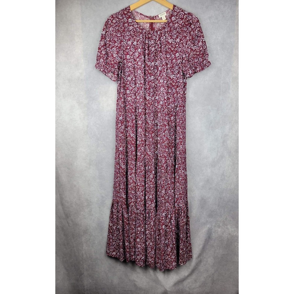 J. Crew Tiered Maxi Dress Burgundy Floral Short Sleeve Square Neck Women's S